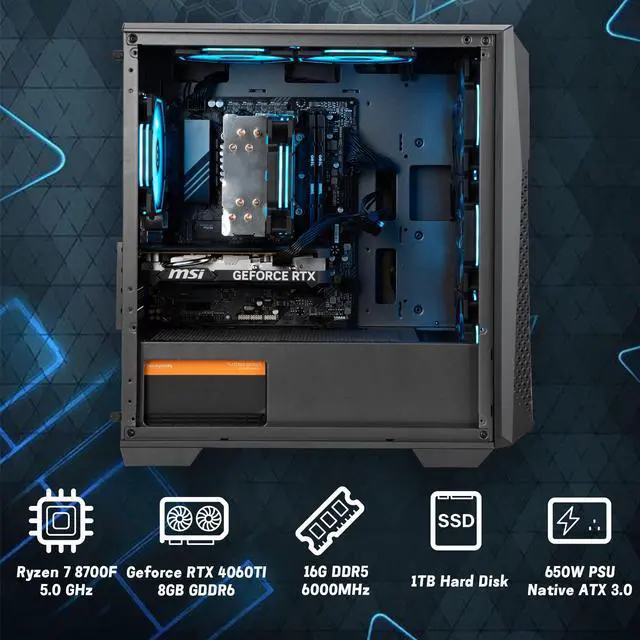 Alt view image 3 of 7 - NINGMEI Gaming PC Desktop, AMD Ryzen 7 8700F 4.1GHz,  GeForce RTX 4060TI 8GB,  16GB DDR5 RAM 6000MHz, 1TB NVME SSD, 650W PSU, 11AC Wi-Fi,  Windows 11 Home 64-bit