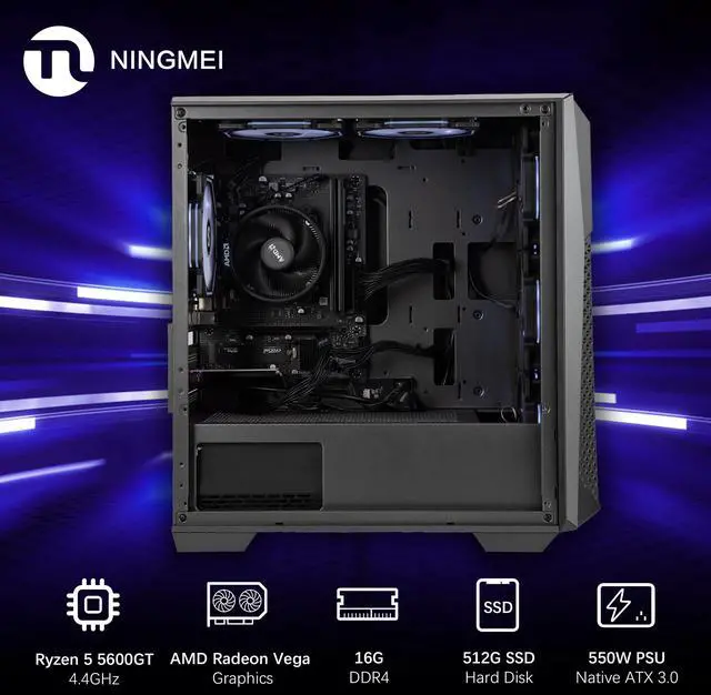 Alt view image 3 of 7 - Ningmei Soul Gaming PC Desktop, AMD Ryzen 5 5600GT 6 core 3.6GHz (up to 4.6GHz),  AMD Radeon Vega 7 Graphics, 16GB DDR4 RAM 3200MHz, 512 GB NVME SSD,550W PSU, 11AC Wi-Fi, Windows 11 Home 64-bit, Black