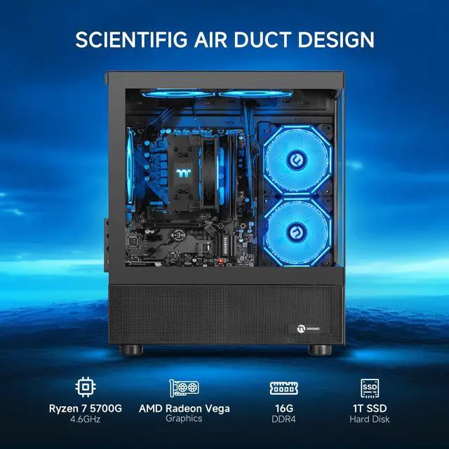 Alt view image 2 of 7 - Ningmei Gaming PC Desktop computer, AMD Ryzen 7 5700G 8 core 3.8GHz (up to 4.6GHz),  16GB DDR4 RAM 3200MHz, 1TB NVME SSD, 550W PSU, Game Design Office Platform, Wi-Fi, Windows 11 Tower Prebuilt PC