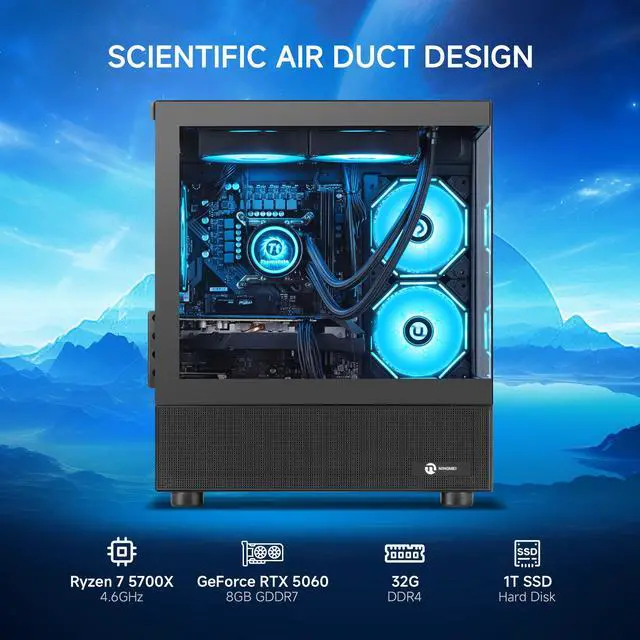 Alt view image 2 of 7 - Ningmei Gaming Desktop Computer PC, AMD Ryzen 7 5700X, RTX 5060, 32GB DDR4 RAM, 1TB NVME SSD, 240 Liquid Cooler, 650W PSU, Wi-Fi, ARGB Fans , Game Design Office, Windows 11 Home , Prebuilt Gaming PC