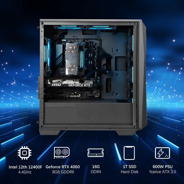 Alt view image 6 of 6 - Ningmei Gaming PC Desktop Intel Core i5 12400F 2.5 GHz CPU, GeForce RTX 4060, 1TB NVME SSD, 16GB DDR4 RAM 3200MHz, 600W PSU, Windows 11 Home 64-bit- WIFI- Gaming Desktop