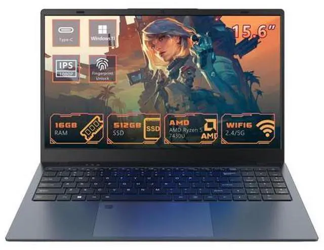Main image of Ningmei NLR500P Laptop, 15.6 Inch Notebook with AMD Ryzen 5 7430U (Up to 4.3GHz), 16GB DDR4 512GB SSD, BT5.2, 5G WiFi, USB3.2, Type_C, Webcam, Windows 11 Laptops for Business Student Light Gaming