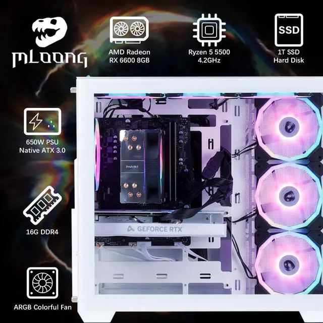 Alt view image 3 of 7 - Mloong Frozen Phantasm Gaming PC, AMD Ryzen 5 5500 4.2 GHz, AMD Radeon RX 6600 8GB Desktop Computer, 1TB NVMe SSD, 16GB DDR4 3200MHz, Air Cooled Prebuilt,650W PSU,Windows 11 Home Gamer PC, White