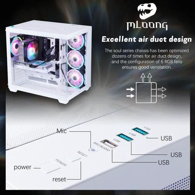 Alt view image 5 of 7 - Mloong Frozen Phantasm Gaming PC, AMD Ryzen 5 5500 4.2 GHz, AMD Radeon RX 6600 8GB Desktop Computer, 1TB NVMe SSD, 16GB DDR4 3200MHz, Air Cooled Prebuilt,650W PSU,Windows 11 Home Gamer PC, White