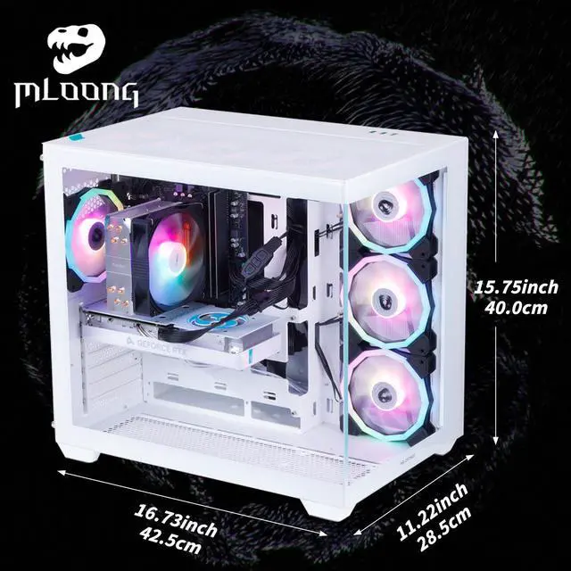 Alt view image 6 of 7 - Mloong Frozen Phantasm Gaming PC, AMD Ryzen 5 5500 4.2 GHz, AMD Radeon RX 6600 8GB Desktop Computer, 1TB NVMe SSD, 16GB DDR4 3200MHz, Air Cooled Prebuilt,650W PSU,Windows 11 Home Gamer PC, White