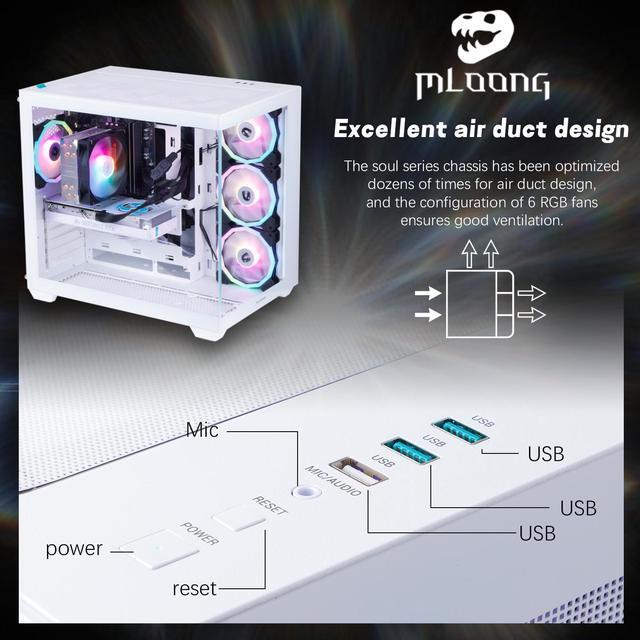 Alt view image 5 of 7 - MLOONG Gaming PC,AMD Ryzen 5 5500 4.2 GHz, AMD Radeon RX 6600 8GB Desktop Computer, 1TB NVMe SSD, 16GB DDR4 3200MHz, Air Cooled Prebuilt,650W PSU, Windows 11 Home,Tower Prebuilt  PC