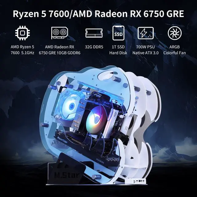 Alt view image 3 of 7 - Mloong Gaming PC Desktop AMD Ryzen 5 7600X (Up to 5.3GHz) CPU, AMD Radeon RX 6750 GRE 10GB, 1TB NVME SSD, 32GB DDR5 RAM 6000MHz, 700W PSU , 3ARGB Fans, Windows 11 Home 64-bit WIFI Gaming Desktop