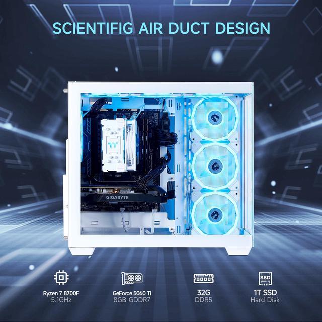 Alt view image 2 of 7 - Mloong Gaming PC Desktop, AMD Ryzen 7 8700F 4.1 GHz (5.0Ghz Turbo), NVIDIA RTX 5060 Ti 8GB GDDR7, 1TB Gen4 NVMe SSD, 32GB 6000Mhz DDR5 RAM, 650W PSU, Wi-Fi, Win 11 Home Prebuilt PC, White