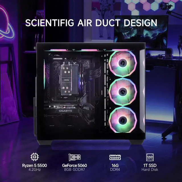 Alt view image 2 of 7 - Mloong Black Gaming PC AMD Ryzen 5 5500 (Up to 4.2 GHz) CPU, GeForce RTX 5060 8GB, 1TB NVME SSD, 16GB DDR4 RAM 3200MHz, 650W PSU,7ARGB Fans, Windows 11 Home 64-bit WIFI Gaming Desktop, Black