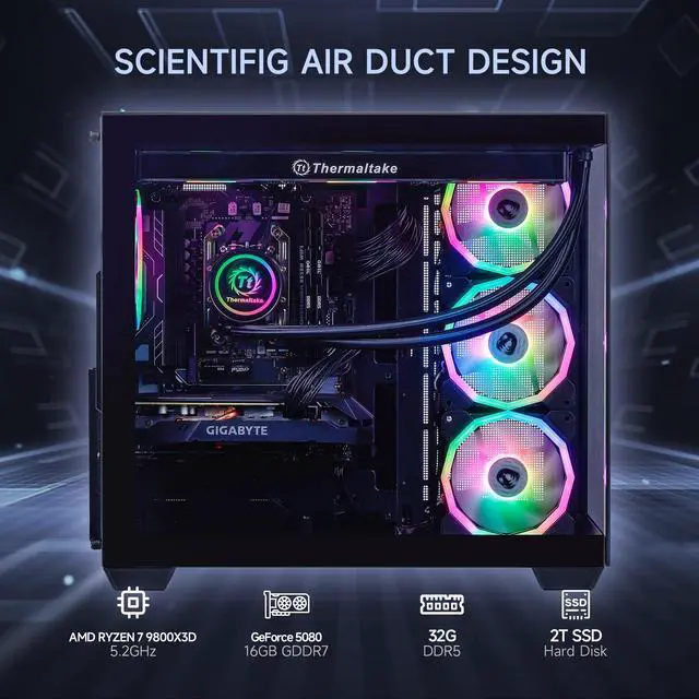 Alt view image 2 of 7 - Mloong X-Dragon Gaming PC Desktop, AMD Ryzen 7 9800X3D 8 core 4.7GHz(up to 5.2GHz), GeForce RTX 5080 16GB, 32GB DDR5 RAM 6000MHz, 2TB NVME SSD, 850W PSU, Windows 11 Home 64-bit, Black