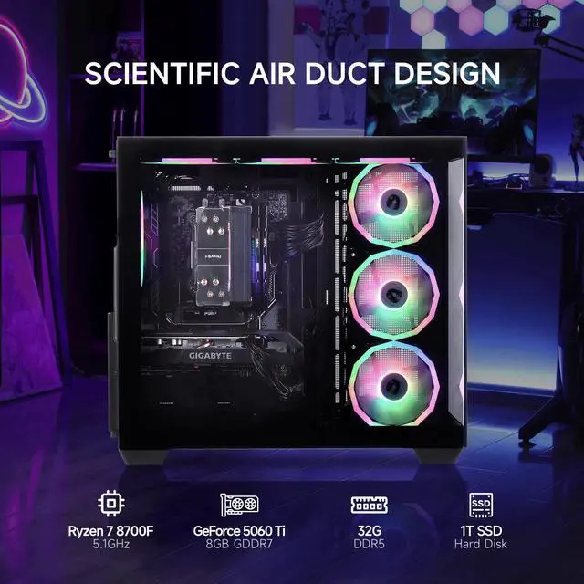 Alt view image 2 of 7 - Mloong Gaming PC Desktop, AMD Ryzen 7 8700F 4.1 GHz (5.0Ghz Turbo), NVIDIA RTX 5060 Ti 8GB GDDR7, 1TB Gen4 NVMe SSD, 32GB 6000Mhz DDR5 RAM, 650W PSU, Wi-Fi, Win 11 Home Prebuilt PC, Black