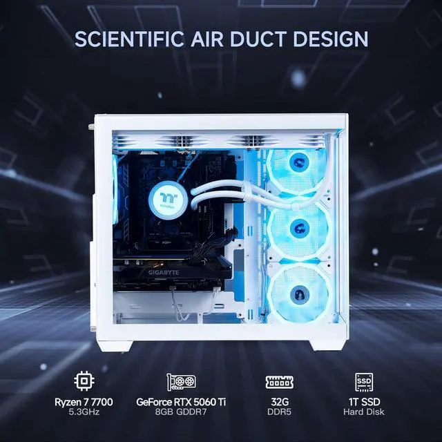 Alt view image 2 of 7 - Mloong Gaming PC Desktop, AMD Ryzen 7 7700 3.8 GHz (5.3GHz Turbo), NVIDIA RTX 5060 Ti 8GB GDDR7, 1TB Gen4 NVMe SSD, 32GB 6000Mhz DDR5 RAM, 650W PSU, Wi-Fi, Win 11 Home Prebuilt PC, White