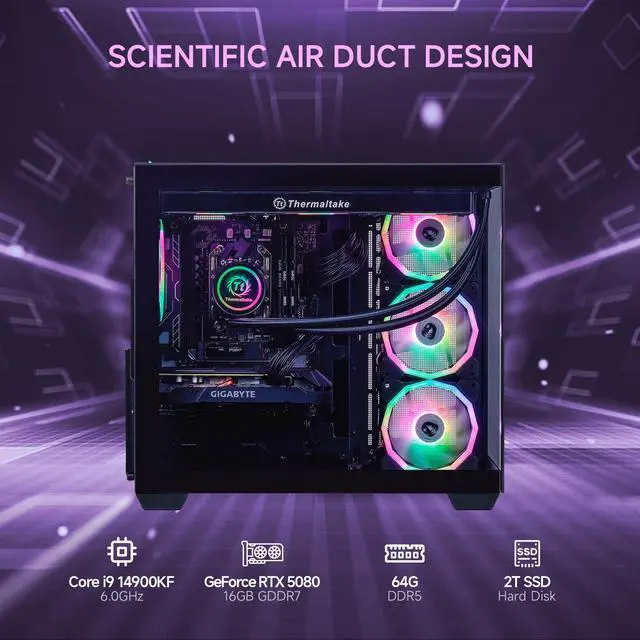 Alt view image 2 of 7 - Mloong X-Dragon Gaming PC Desktop, Intel Core i9 14900KF 24 core 3.2GHz(up to 6.0GHz), GeForce RTX 5080 16GB, 64GB DDR5 RAM 6000MHz, 2TB NVME SSD, 850W PSU, Windows 11 Home 64-bit, Black