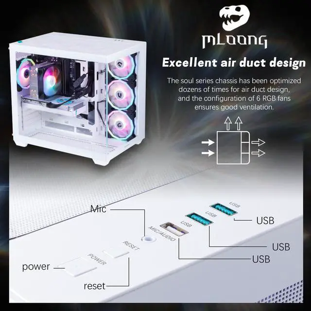 Alt view image 5 of 7 - MLOONG Gaming PC,AMD Ryzen 5 5500 4.2 GHz, AMD Radeon RX 6600 8GB Desktop Computer, 1TB NVMe SSD, 16GB DDR4 3200MHz, Air Cooled Prebuilt,650W PSU, Windows 11 Home,Tower Prebuilt  PC
