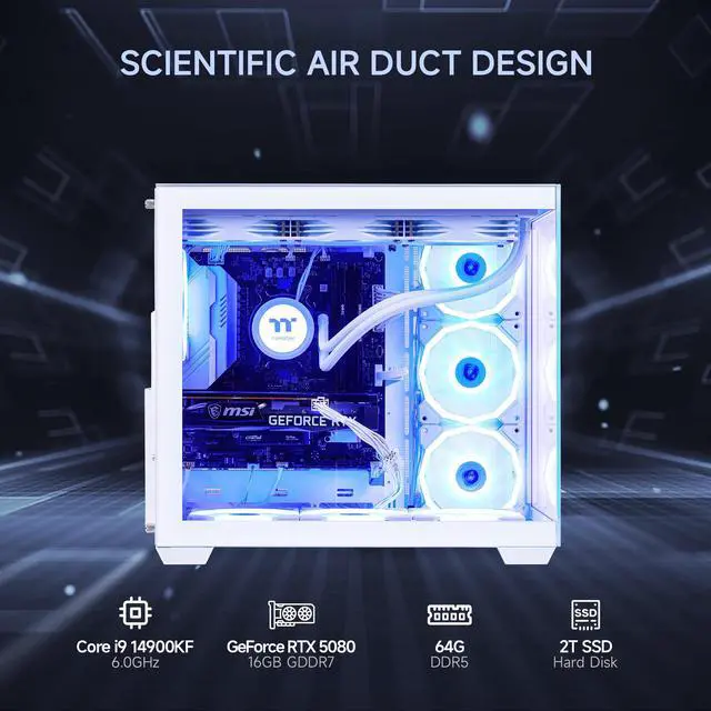Alt view image 2 of 7 - Mloong X-Dragon Gaming PC Desktop, Intel Core i9 14900KF 24 core 3.2GHz(up to 6.0GHz), GeForce RTX 5080 16GB, 64GB DDR5 RAM 6000MHz, 2TB NVME SSD, 850W PSU, Windows 11 Home 64-bit, White