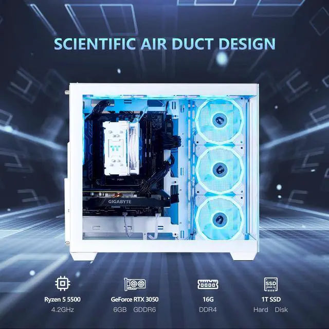 Alt view image 2 of 7 - Mloong Black Gaming PC AMD Ryzen 5 5500 (Up to 4.2 GHz) CPU, GeForce RTX 3050 6GB, 1TB NVME SSD, 16GB DDR4 RAM 3200MHz, 650W PSU,7ARGB Fans, Windows 11 Home 64-bit WIFI Gaming Desktop, White