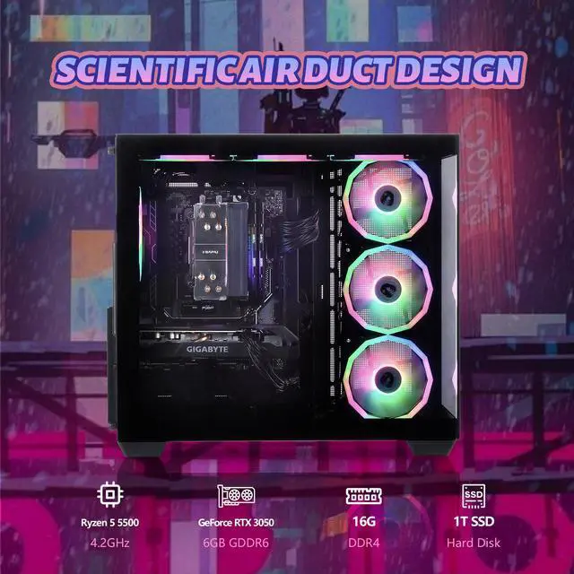 Alt view image 2 of 7 - Mloong Black Gaming PC AMD Ryzen 5 5500 (Up to 4.2 GHz) CPU, GeForce RTX 3050 6GB, 1TB NVME SSD, 16GB DDR4 RAM 3200MHz, 650W PSU,7ARGB Fans, Windows 11 Home 64-bit WIFI Gaming Desktop, Black