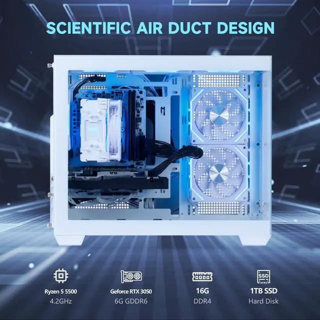 Alt view image 2 of 7 - Mloong Black Gaming PC AMD Ryzen 5 5500 (Up to 4.2 GHz) CPU, GeForce RTX 3050 6GB, 1TB NVME SSD, 16GB DDR4 RAM 3200MHz, 650W PSU,7ARGB Fans, Windows 11 Home 64-bit WIFI Gaming Desktop, White