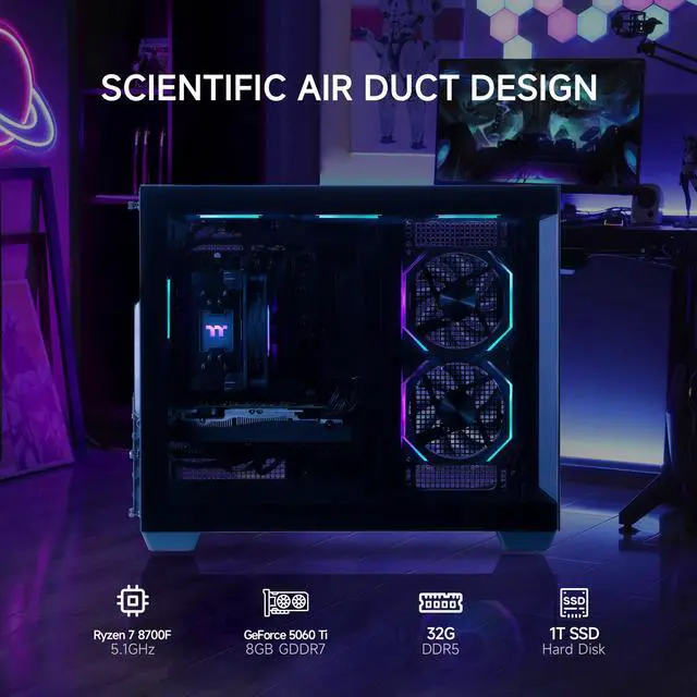 Alt view image 2 of 7 - Mloong Gaming PC Desktop, AMD Ryzen 7 8700F 4.1 GHz (5.0Ghz Turbo), NVIDIA RTX 5060 Ti 8GB GDDR7, 1TB Gen4 NVMe SSD, 32GB 6000Mhz DDR5 RAM, 650W PSU, Wi-Fi, Win 11 Home Prebuilt PC, Black