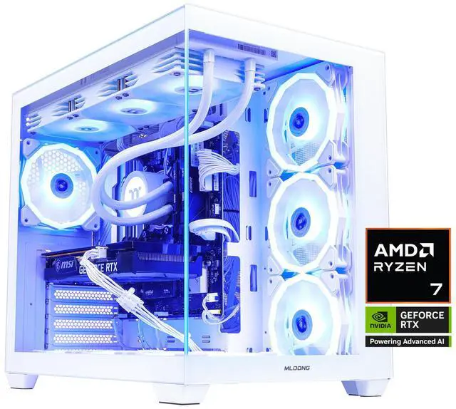 Main image of Mloong X-Dragon Gaming PC Desktop, AMD Ryzen 7 9800X3D 8 core 4.7GHz(up to 5.2GHz), GeForce RTX 5070Ti 16GB, 32GB DDR5 RAM 6000MHz, 2TB NVME SSD, 850W PSU, Windows 11 Home 64-bit, White
