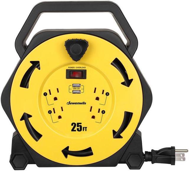 DEWENWILS 25FT Cord Reels with 2-USB Ports, Retractable Extension Cord Reel,  SJTW 16/3 Cable 