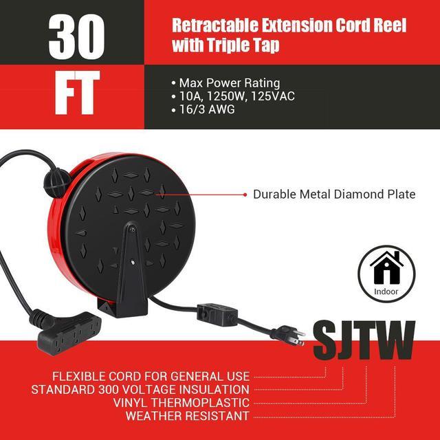 DEWENWILS 30 Ft Retractable Extension Cord Reel, Ceiling/Wall Mount 16/3  Gauge SJTW Power Cord with 3 Electrical Outlets Pigtail for Garage and  Shop