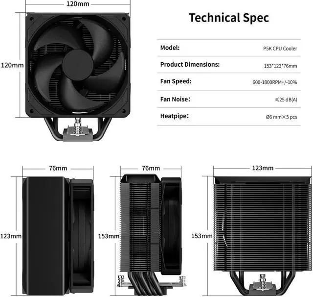 Alt view image 7 of 7 - upHere P5K CPU Air Cooler 230w TDP 6mm x 5 Copper Heat Pipes CPU Cooler with 120mm Fan PWM 1800RPM 77.93CFM for Intel LGA 2011/2066 (Mainboard X79/X99)/1700/1200/1150/1121/1155/1156/1366/AMD AM5/AM4