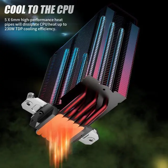 Alt view image 2 of 7 - upHere P5C 5V ARGB CPU Air Cooler 230w TDP 6mm x 5 Copper Heat Pipes CPU Cooler with 120mm Fan PWM 2000RPM 77.93CFM for Intel LGA 2011/2066 (Mainboard X79/X99)/1700/1200/1150/1121/1155/ AMD AM5/AM4