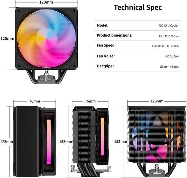 Alt view image 7 of 7 - upHere P5C 5V ARGB CPU Air Cooler 230w TDP 6mm x 5 Copper Heat Pipes CPU Cooler with 120mm Fan PWM 2000RPM 77.93CFM for Intel LGA 2011/2066 (Mainboard X79/X99)/1700/1200/1150/1121/1155/ AMD AM5/AM4