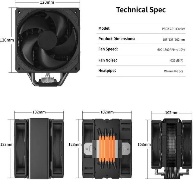 Alt view image 7 of 7 - upHere P6DK CPU Air Cooler 6mm x 6 Copper Heat Pipes CPU Cooler with Dual 120mm Fan PWM 1800RPM 77.93CFM for Intel LGA 2011/2066 (Mainboard X79/X99)/1700/1200/1150/1121/1155/1156/1366/AMD AM5/AM4