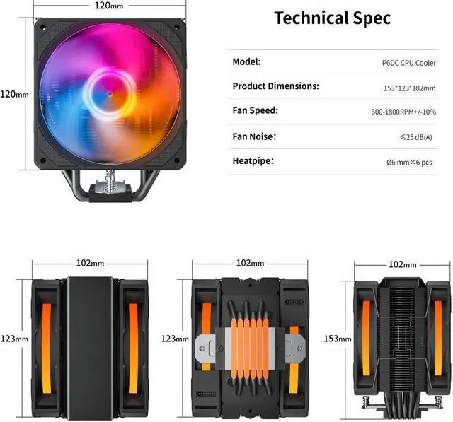 Alt view image 7 of 7 - upHere P6DC 5V ARGB CPU Air Cooler 6mm x 6 Copper Heat Pipes CPU Cooler with Dual 120mm Fan PWM 1800RPM 77.93CFM for Intel LGA 2011/2066 (Mainboard X79/X99)/1700/1200/1150/1121/1155/1156 AMD AM5/AM4