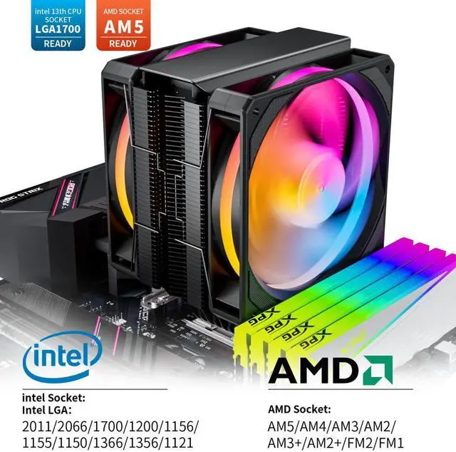 Alt view image 5 of 7 - upHere P6DC 5V ARGB CPU Air Cooler 6mm x 6 Copper Heat Pipes CPU Cooler with Dual 120mm Fan PWM 1800RPM 77.93CFM for Intel LGA 2011/2066 (Mainboard X79/X99)/1700/1200/1150/1121/1155/1156 AMD AM5/AM4