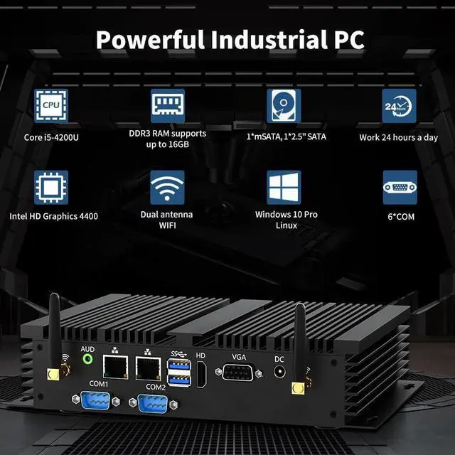 Alt view image 2 of 7 - BOESIIPC Fanless Mini Industrial PC, Desktop Computer i5-4200U Windows 10 Pro, 16GB RAM 512GB SSD, 2xNICs, 6*COM RS232, 4xUSB3.0, 2.4G+5G WiFi, HDMI/VGA Ports, Gigabit LAN, Auto Power On