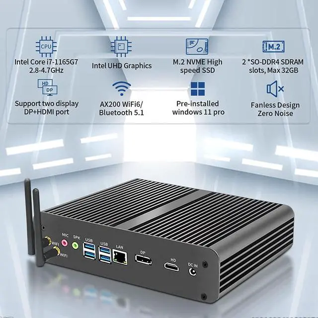 Alt view image 2 of 7 - BOESIIPC Fanless Mini PC i7-1165G7 Windows 11 Pro, Desktop Computer 8G DDR4 RAM 512G NVME SSD, Iris Xe Graphics, HDMI, DP, Dual 4K UHD, WiFi 6, Bluetooth 5.1 for Home/Office