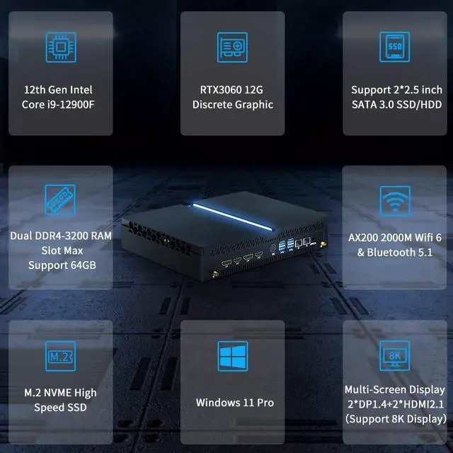 Alt view image 2 of 7 - BOESIIPC Mini PC Gaming i9-12900F 16 Cores Upto 5.1GHz, Desktop Computer RTX3060 12G, Windows 11 Pro, 64G DDR4 RAM 2T PCIe 4.0 M.2 SSD, Wifi6 BT5.1, Four Display for 3D Gaming/Video Editing/Office