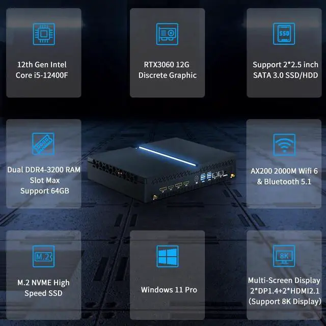Alt view image 2 of 7 - BOESIIPC Mini PC Gaming i5-12400F 6 Cores Upto 4.4GHz, Desktop Computer RTX3060 12G, Windows 11 Pro, 32G DDR4 RAM 1T SSD, Wifi6 BT5.1, Optical, HDMI*2 DP*2 8K@60Hz Four Display