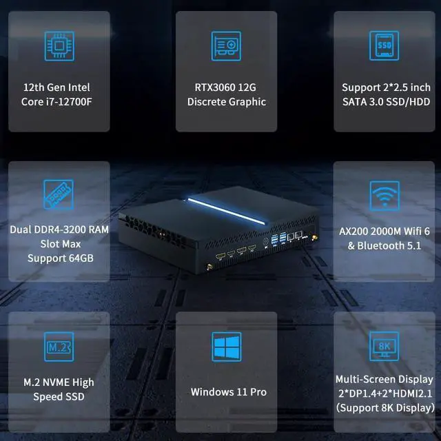Alt view image 2 of 7 - BOESIIPC Mini PC Gaming i7-12700F 12 Cores Upto 4.9GHz, Desktop Computer RTX3060 12G, Windows 11 Pro, 16G DDR4 RAM 512G SSD, Wifi6 BT5.1, Optical, HDMI*2 DP*2 8K@60Hz Four Display