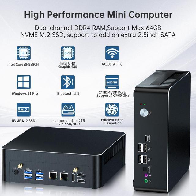 BOESIIPC Mini PC with Core i9-9880H 2.3 up to 4.8GHz, 32G DDR4 1T NVME SSD,  Windows 11 Pro Desktop Computer, DP*1, HDMI*2 4K@60Hz Triple Display,  Optical, Dual LAN, WiFi6E/BT5.3,VESA 