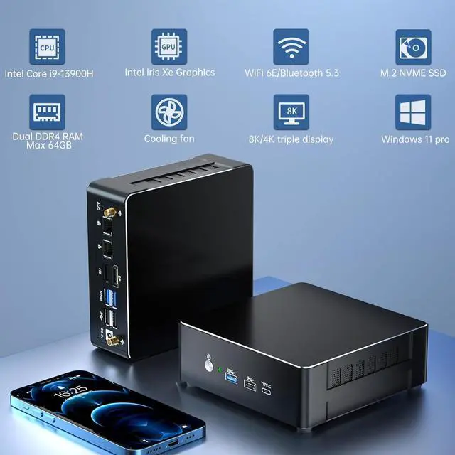 Alt view image 3 of 7 - BOESIIPC Mini PC i9-13900H, 14 Cores Upto 5.4GHz, 32G RAM 1T SSD, Mini Desktop Computer Windows 11 Pro(TPM2.0), Dual LAN, WiFi6E, BT5.3, DP/HDMI/Type-C Triple Display, VESA