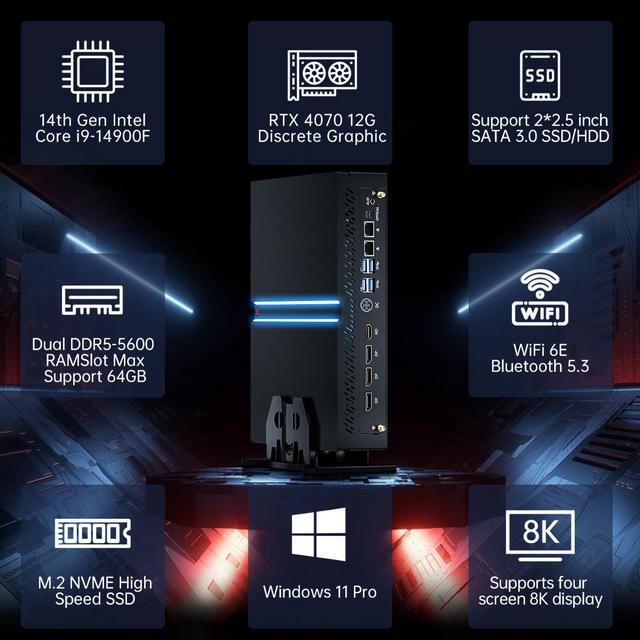 Alt view image 3 of 7 - BOESIIPC Mini Gaming Pc Core i9-14900F(up to 5.8GHz) with RTX4070, Small Desktop Computers Win 11 Pro, 32G DDR5 RAM/1T M.2 SSD/WIFI6E/BT5.3/Dual LAN/USB 3.2/8K HDMI DP, Four Display for Game/Design