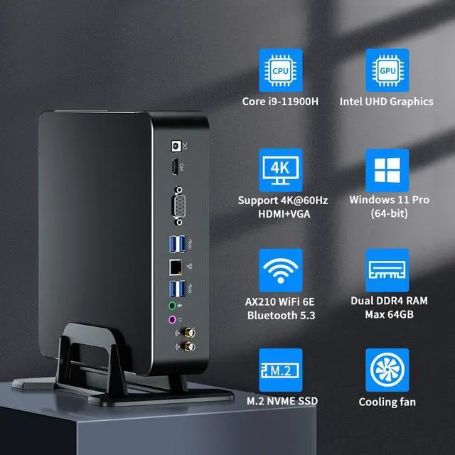 Alt view image 2 of 7 - BOESIIPC Mini PC i9-11900H 8 Cores Up to 4.9GHz, Deaktop Computer Windows 11 pro, 32G DDR4 RAM 1T M.2 NVME SSD, 4K HDMI2.0 VGA Dual Display, Wifi6E Bluetooth5.3, Gigabit LAN for Office/Home