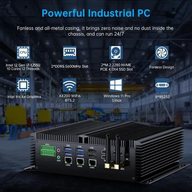 Alt view image 2 of 7 - BOESIIPC Industrial Mini Pc with 12th Gen Core i7-1255U(10C/12T), 16G DDR5 RAM 512G Pcie 4.0 SSD, WIFI6, BT5.2, 4xUSB3.0, 3x2.5G LAN, 8xCOM, SIM, GPIO, P/S2 Ports, Win 11 Pro Fanless Computer