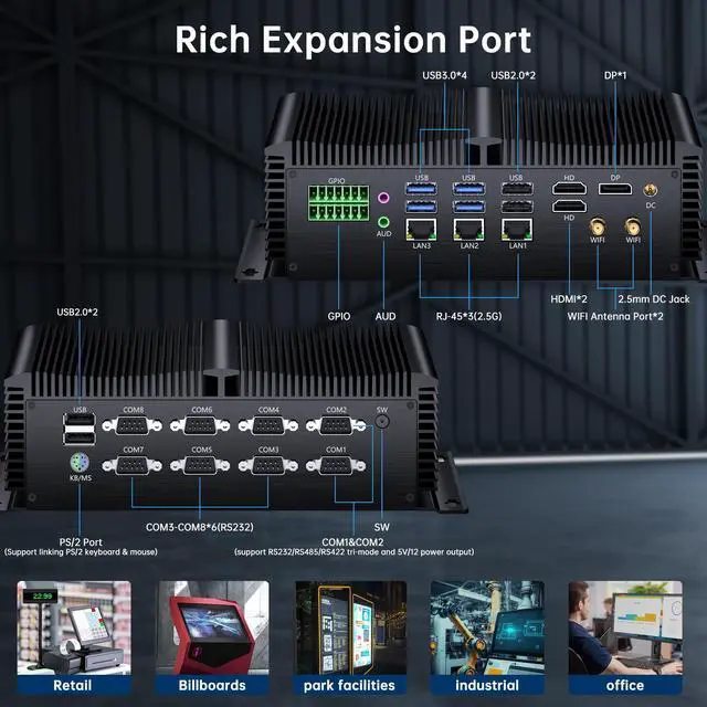 Alt view image 7 of 7 - BOESIIPC Industrial Mini Pc with 12th Gen Core i7-1255U(10C/12T), 16G DDR5 RAM 512G Pcie 4.0 SSD, WIFI6, BT5.2, 4xUSB3.0, 3x2.5G LAN, 8xCOM, SIM, GPIO, P/S2 Ports, Win 11 Pro Fanless Computer