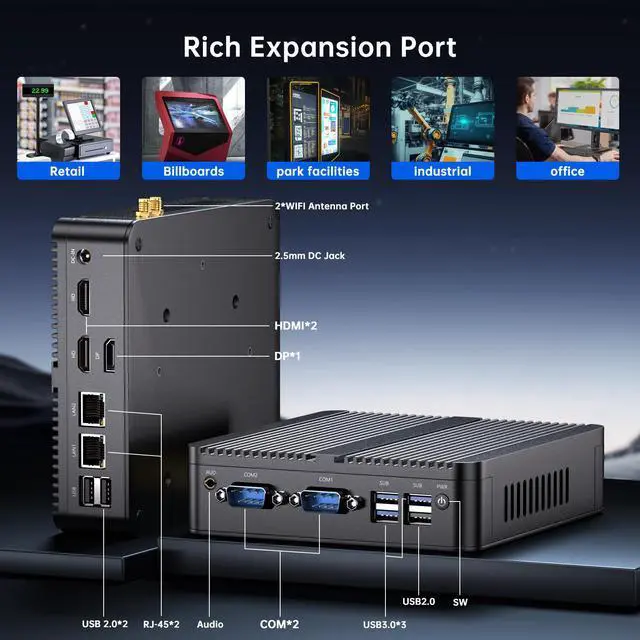 Alt view image 3 of 7 - BOESIIPC Industrial Mini PC N100, Preinstalled Windows 11 Pro, Intel Alder Lake N100 (3.4GHz), 16G DDR4 RAM 256G Pcie M.2 SSD, WIFI6/BT5.2/USB3.0/RJ45/COM Ports, Fanless Computer