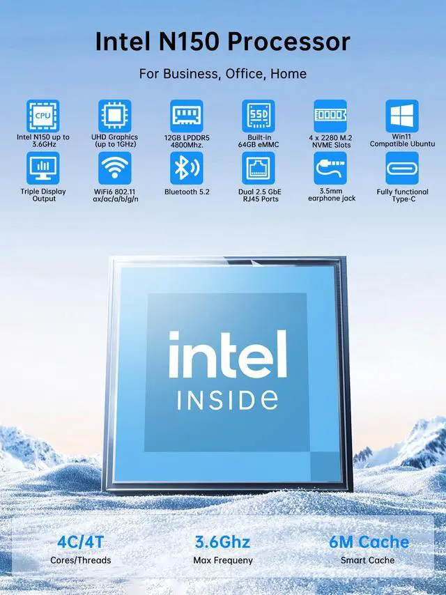 Alt view image 2 of 7 - BOESIIPC Mini PC NAS, 12G DDR5 64G EMMC, Desktop Computers with Win 11 Pro, 4 x M.2 NVMe Slots, HD/DP/USB-C Triple Display, Dual 2.5GbE LAN, WiFi6, BT5.2, USB 3.2 for Home/Office