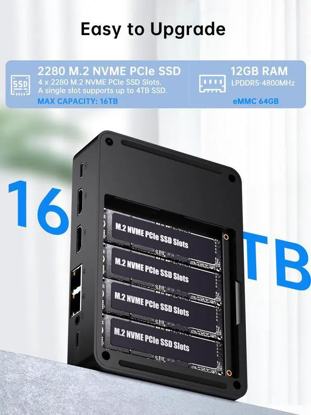 Alt view image 3 of 7 - BOESIIPC Mini PC NAS, 12G DDR5 64G EMMC, Desktop Computers with Win 11 Pro, 4 x M.2 NVMe Slots, HD/DP/USB-C Triple Display, Dual 2.5GbE LAN, WiFi6, BT5.2, USB 3.2 for Home/Office