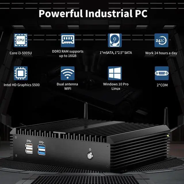 Alt view image 2 of 6 - BOESIIPC Fanless Mini Industrial PC, Desktop Computer i3-5005U Windows 10 Pro, 8GB RAM 128GB SSD, 2xNICs, 6*COM RS232, 4xUSB3.0, 2.4G+5G WiFi, HDMI/VGA Ports, Gigabit LAN, Auto Power On