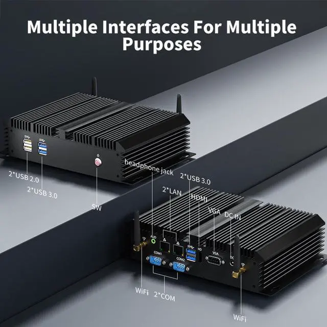 Alt view image 4 of 6 - BOESIIPC Fanless Mini Industrial PC, Desktop Computer i3-5005U Windows 10 Pro, 8GB RAM 128GB SSD, 2xNICs, 6*COM RS232, 4xUSB3.0, 2.4G+5G WiFi, HDMI/VGA Ports, Gigabit LAN, Auto Power On