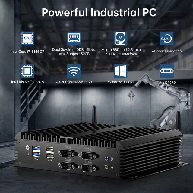 Alt view image 2 of 7 - BOESIIPC Industrial Pc, Fanless Mini PC Windows 11 Pro, HTPC i7-1165G7 up to 4.80 GHz, 16G DDR4 RAM 256G SSD/COM/USB 3.0/4K/HDMI/VGA/2.5G LAN/WIFI6/BT 5.2/Full Metal Case/Auto Power On