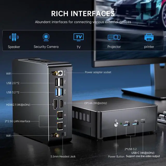 Alt view image 7 of 7 - BOESIIPC Mini PC i9-13900H, 14C/20T Up to 5.4GHz, 32G DDR5 RAM 1T NVMe SSD, Mini Desktop Computer Win 11 Pro(TPM2.0), Dual 2.5G LAN, WiFi6E, BT5.3, DP/HDMI/Type-C Triple Display, VESA